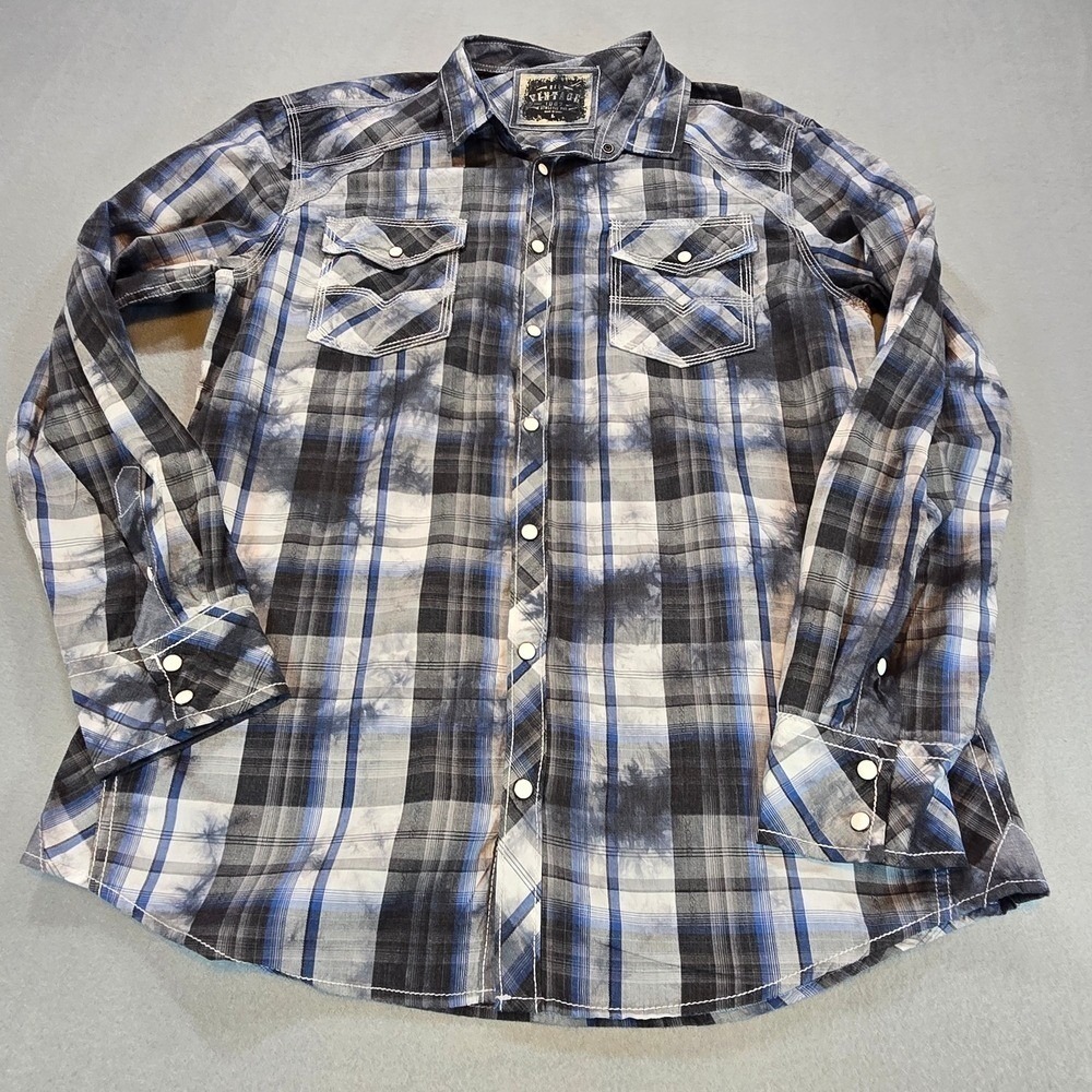 BKE Men’s Casual Button-Down Plaid Shirt in Black, White & Blue